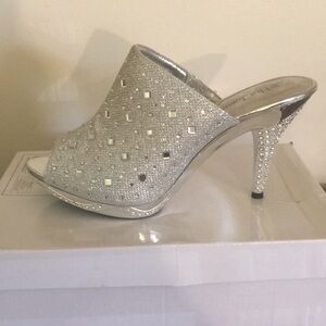 Silver Glitter High Heel Mules